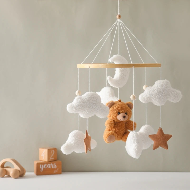 Baby Crib Mobile Rattle Toy Wooden Bed Bell Mobile Hanging Teddy Velvet Bear Doll Toy Newborn Music Box Crib Mobile Bracket Gift