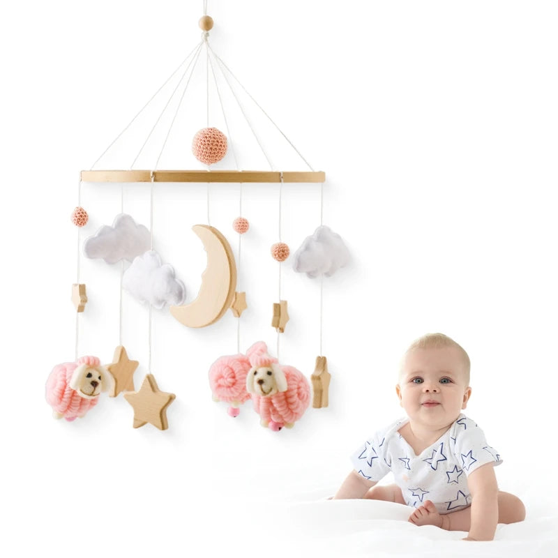 Baby Crib Mobile Rattle Toy Wooden Bed Bell Mobile Hanging Teddy Velvet Bear Doll Toy Newborn Music Box Crib Mobile Bracket Gift