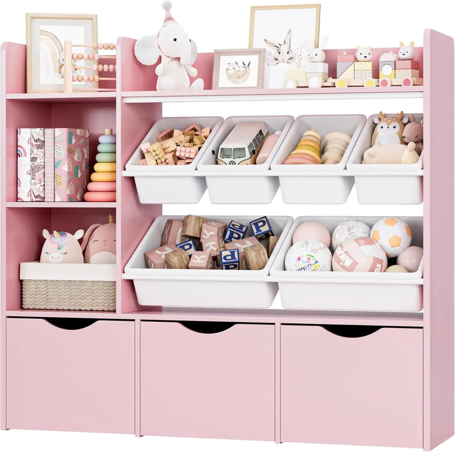 Toy Storage Organizer with 3 Movable Drawers, Bookshelf and Bookcase with 6 Plastic Bins & 2 Storage Cubbies