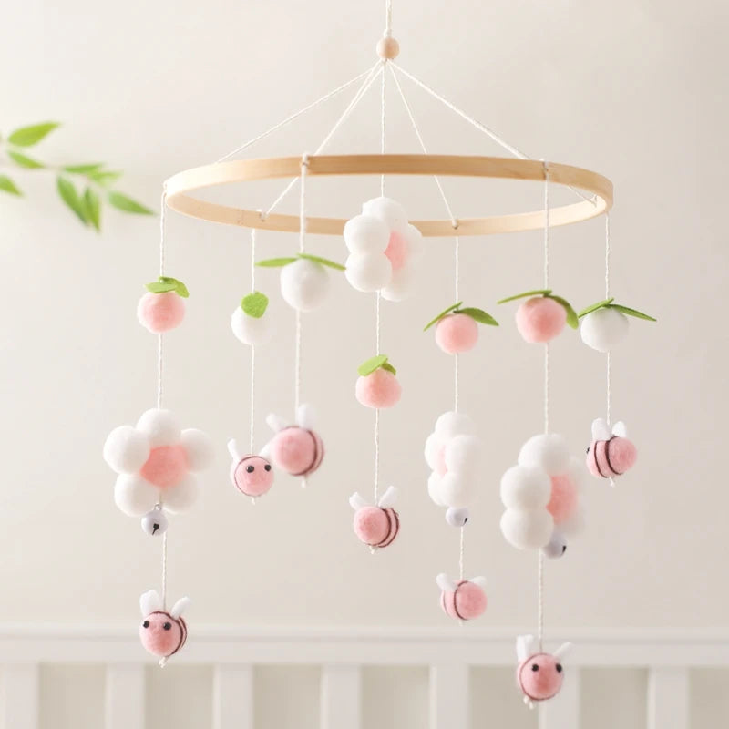 Baby Crib Mobile Rattle Toy Wooden Bed Bell Mobile Hanging Teddy Velvet Bear Doll Toy Newborn Music Box Crib Mobile Bracket Gift