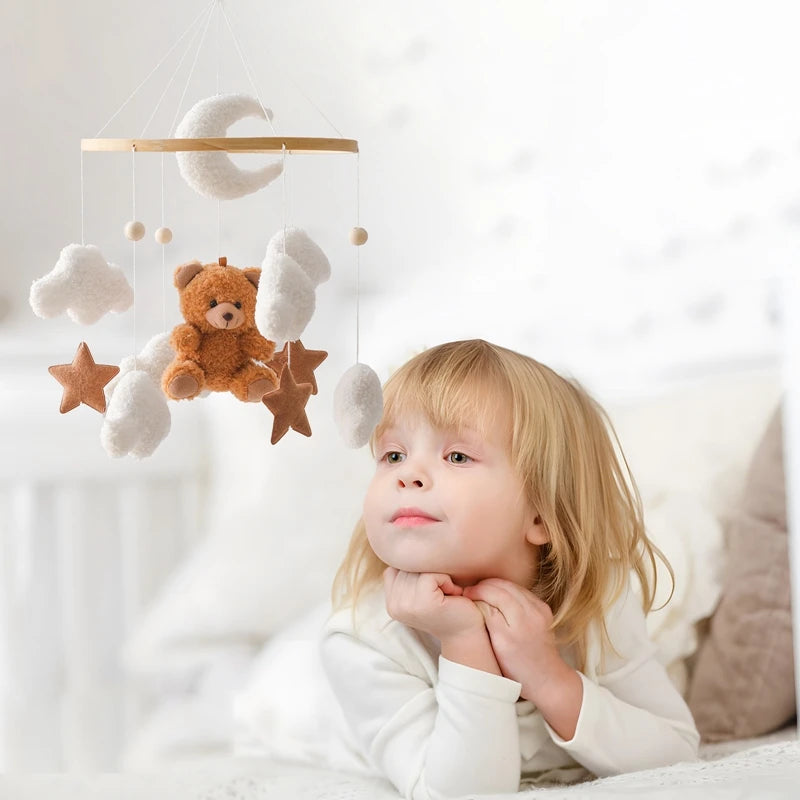 Baby Crib Mobile Rattle Toy Wooden Bed Bell Mobile Hanging Teddy Velvet Bear Doll Toy Newborn Music Box Crib Mobile Bracket Gift