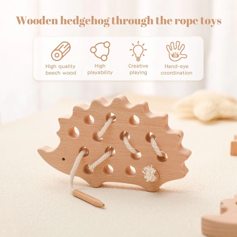 Wooden Hedgehog Threading Board Kids Montessori Toys Beech Wooden Educational Toy Button Beaded Blocks Puzzle Toy Baby Gifts