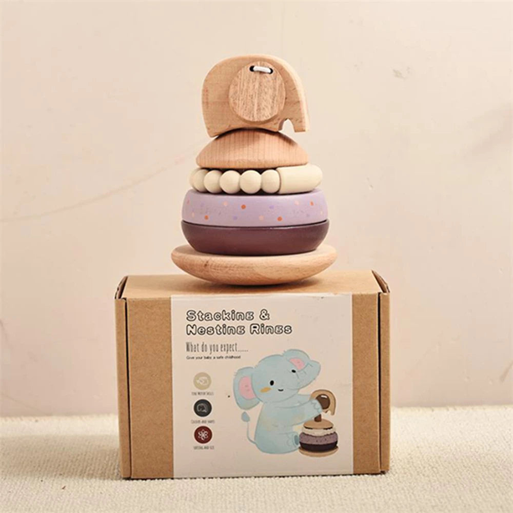 Baby Wooden Montessori Toys Wooden Blocks Stacking Silicone Ring Rattle Toys Animal Cognition Sensory Toys for Children Gift