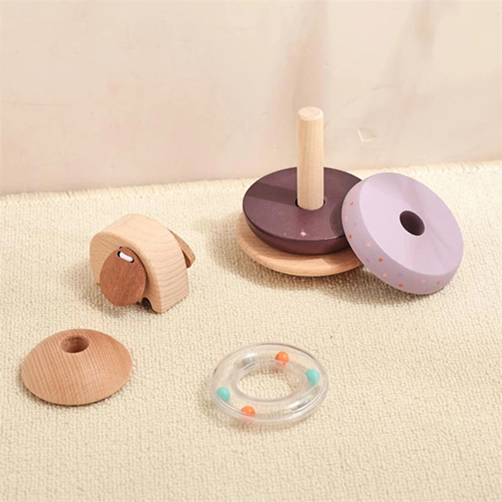 Baby Wooden Montessori Toys Wooden Blocks Stacking Silicone Ring Rattle Toys Animal Cognition Sensory Toys for Children Gift