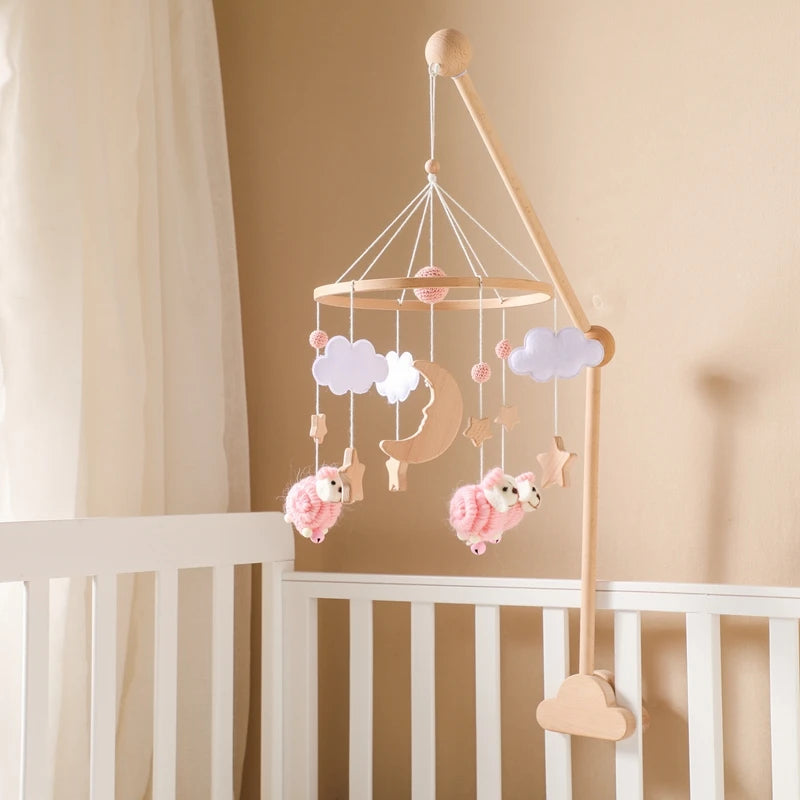 Baby Crib Mobile Rattle Toy Wooden Bed Bell Mobile Hanging Teddy Velvet Bear Doll Toy Newborn Music Box Crib Mobile Bracket Gift