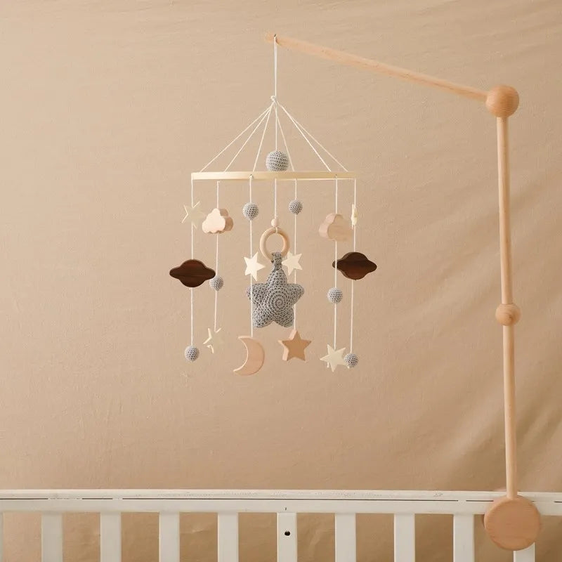 Baby Crib Mobile Rattle Toy Wooden Bed Bell Mobile Hanging Teddy Velvet Bear Doll Toy Newborn Music Box Crib Mobile Bracket Gift