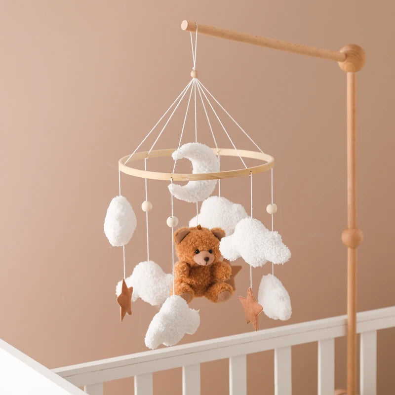 Baby Crib Mobile Rattle Toy Wooden Bed Bell Mobile Hanging Teddy Velvet Bear Doll Toy Newborn Music Box Crib Mobile Bracket Gift