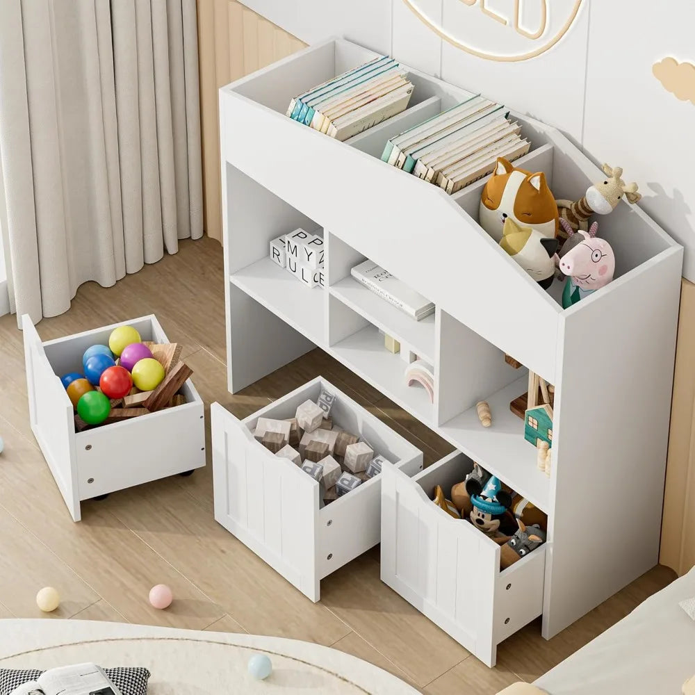 Toy Storage Organizer with 3 Movable Drawers, Toy Organizers and Storage with Concealed Wheels and 7 Cubbies,Toy Storage