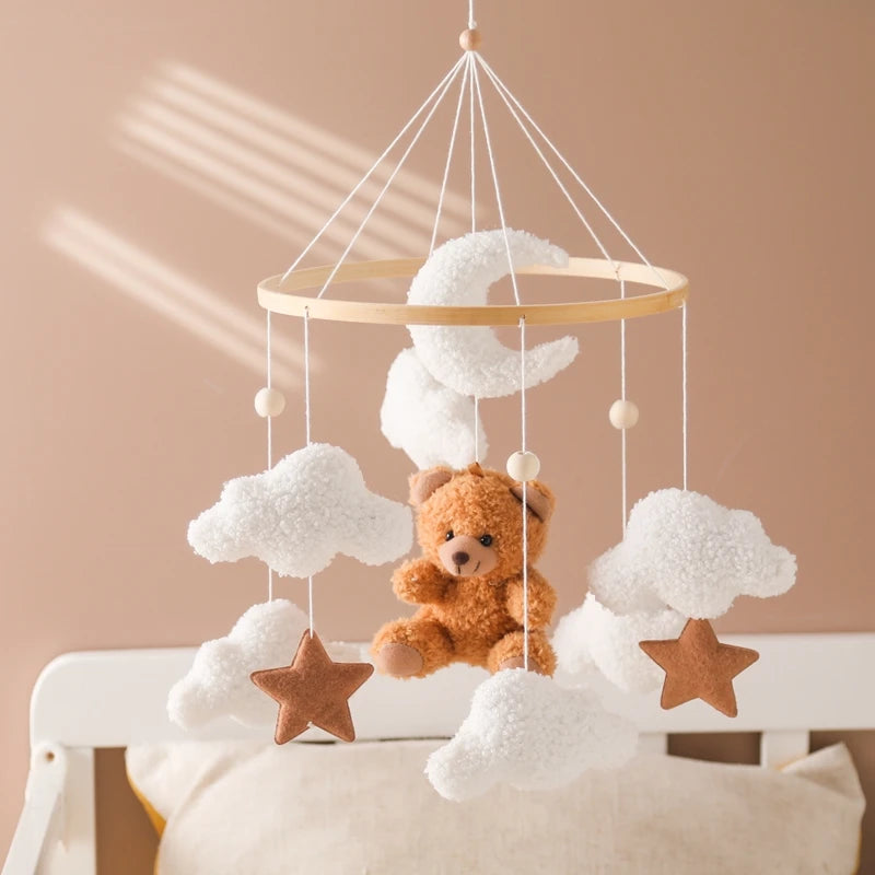 Baby Crib Mobile Rattle Toy Wooden Bed Bell Mobile Hanging Teddy Velvet Bear Doll Toy Newborn Music Box Crib Mobile Bracket Gift