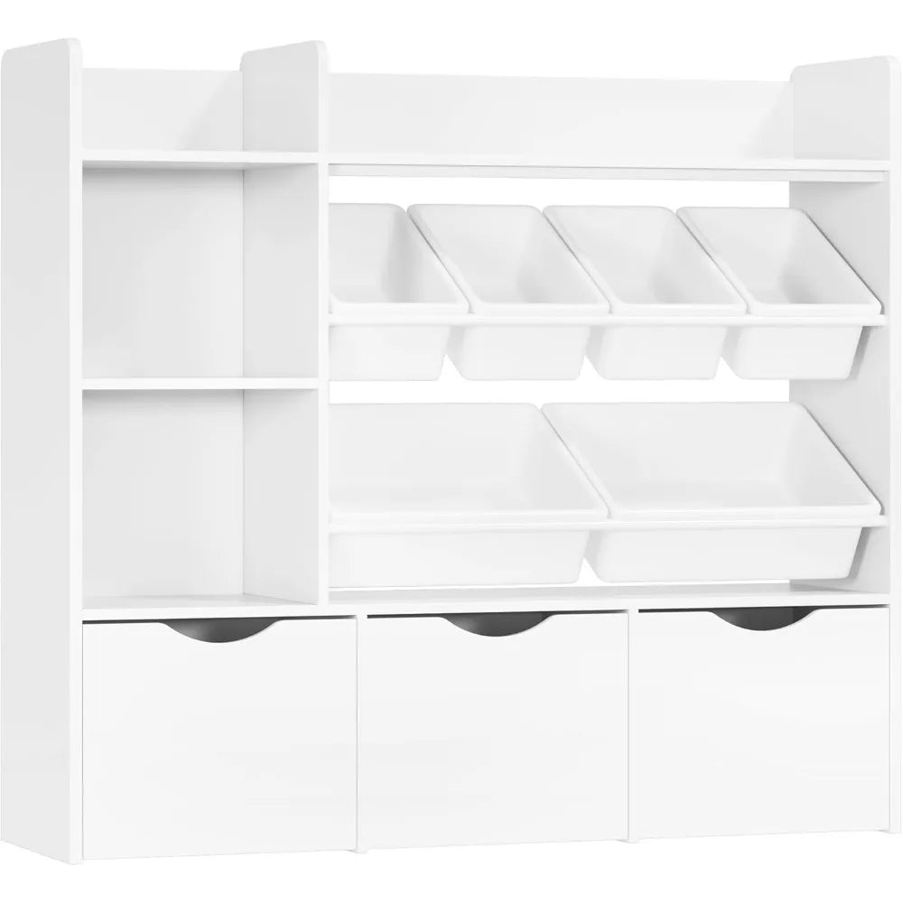 Toy Storage Organizer with 3 Movable Drawers, Bookshelf and Bookcase with 6 Plastic Bins & 2 Storage Cubbies