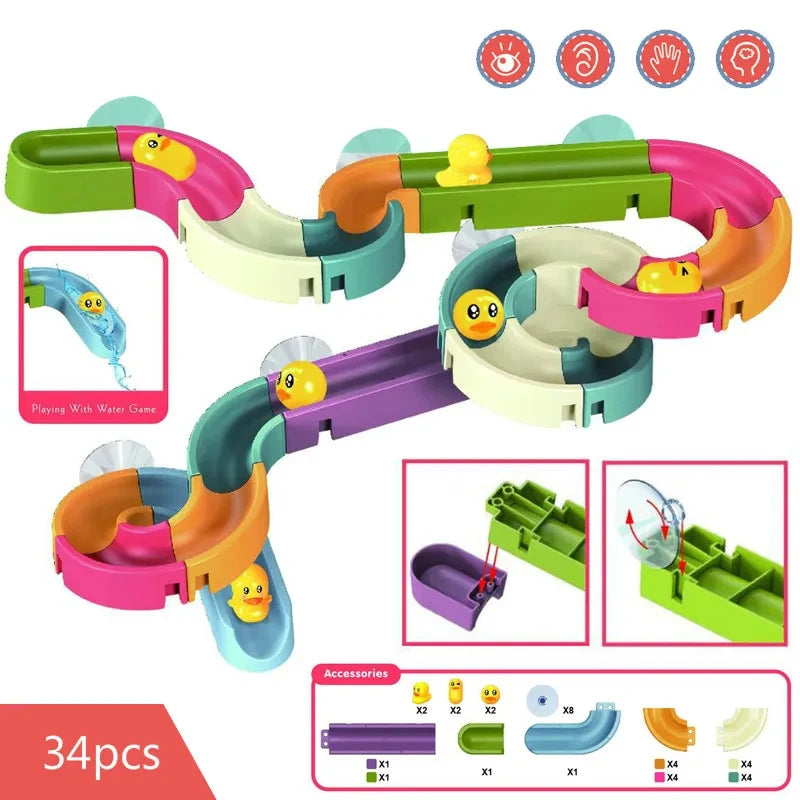 Sliding bath toys, children's duck, assembly track, stacking bathtub, water game, toy set.