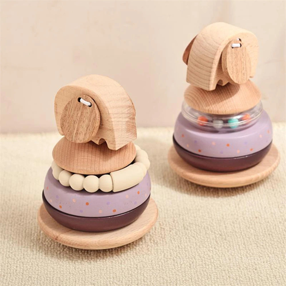 Baby Wooden Montessori Toys Wooden Blocks Stacking Silicone Ring Rattle Toys Animal Cognition Sensory Toys for Children Gift