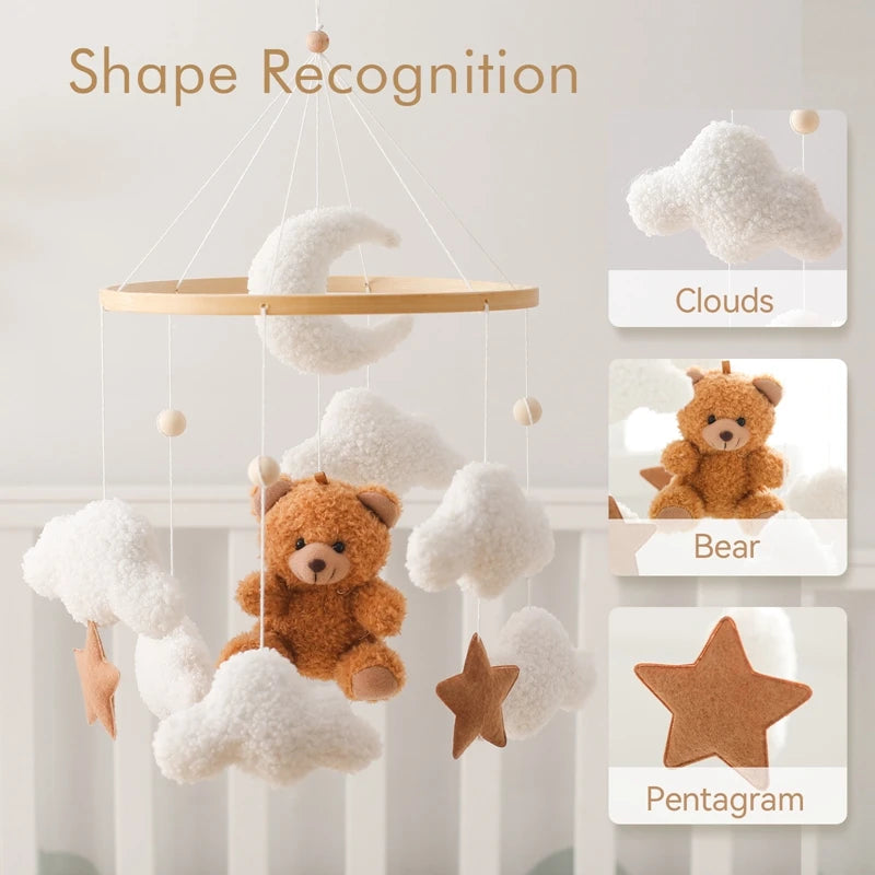 Baby Crib Mobile Rattle Toy Wooden Bed Bell Mobile Hanging Teddy Velvet Bear Doll Toy Newborn Music Box Crib Mobile Bracket Gift