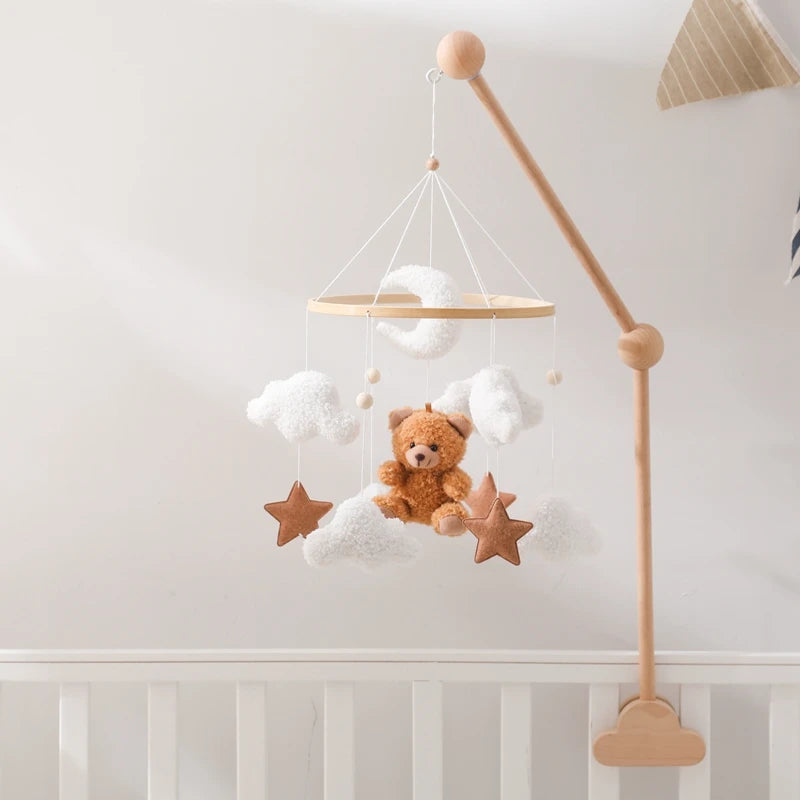 Baby Crib Mobile Rattle Toy Wooden Bed Bell Mobile Hanging Teddy Velvet Bear Doll Toy Newborn Music Box Crib Mobile Bracket Gift