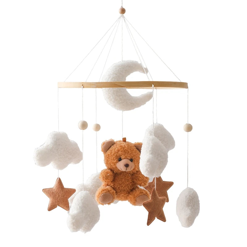 Baby Crib Mobile Rattle Toy Wooden Bed Bell Mobile Hanging Teddy Velvet Bear Doll Toy Newborn Music Box Crib Mobile Bracket Gift