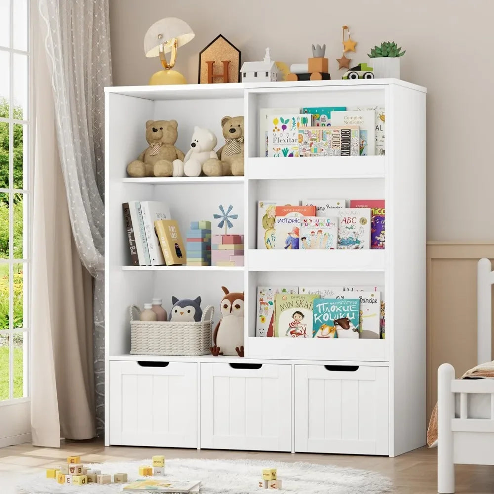 Toy Storage Organizer with Sliding Book Shelf, Toy Organizers and Storages with 3 Movable Drawers and 6 Storage Cubbies,Playroom