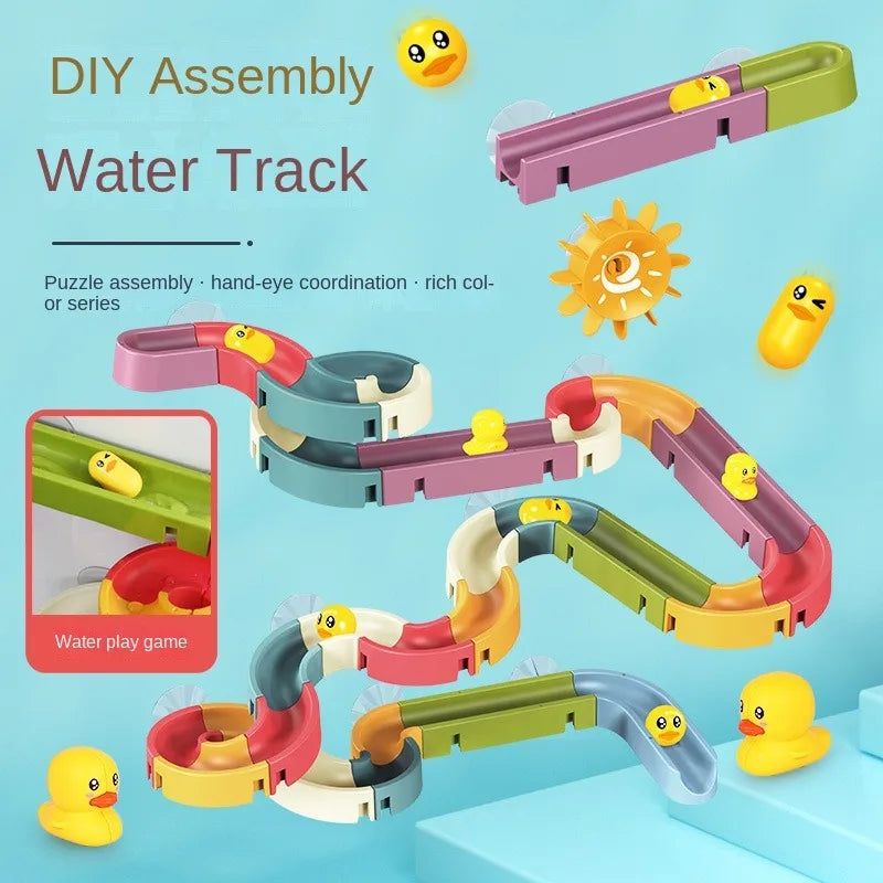 Sliding bath toys, children's duck, assembly track, stacking bathtub, water game, toy set.