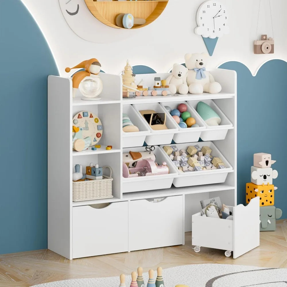 Toy Storage Organizer with 3 Movable Drawers, Bookshelf and Bookcase with 6 Plastic Bins & 2 Storage Cubbies