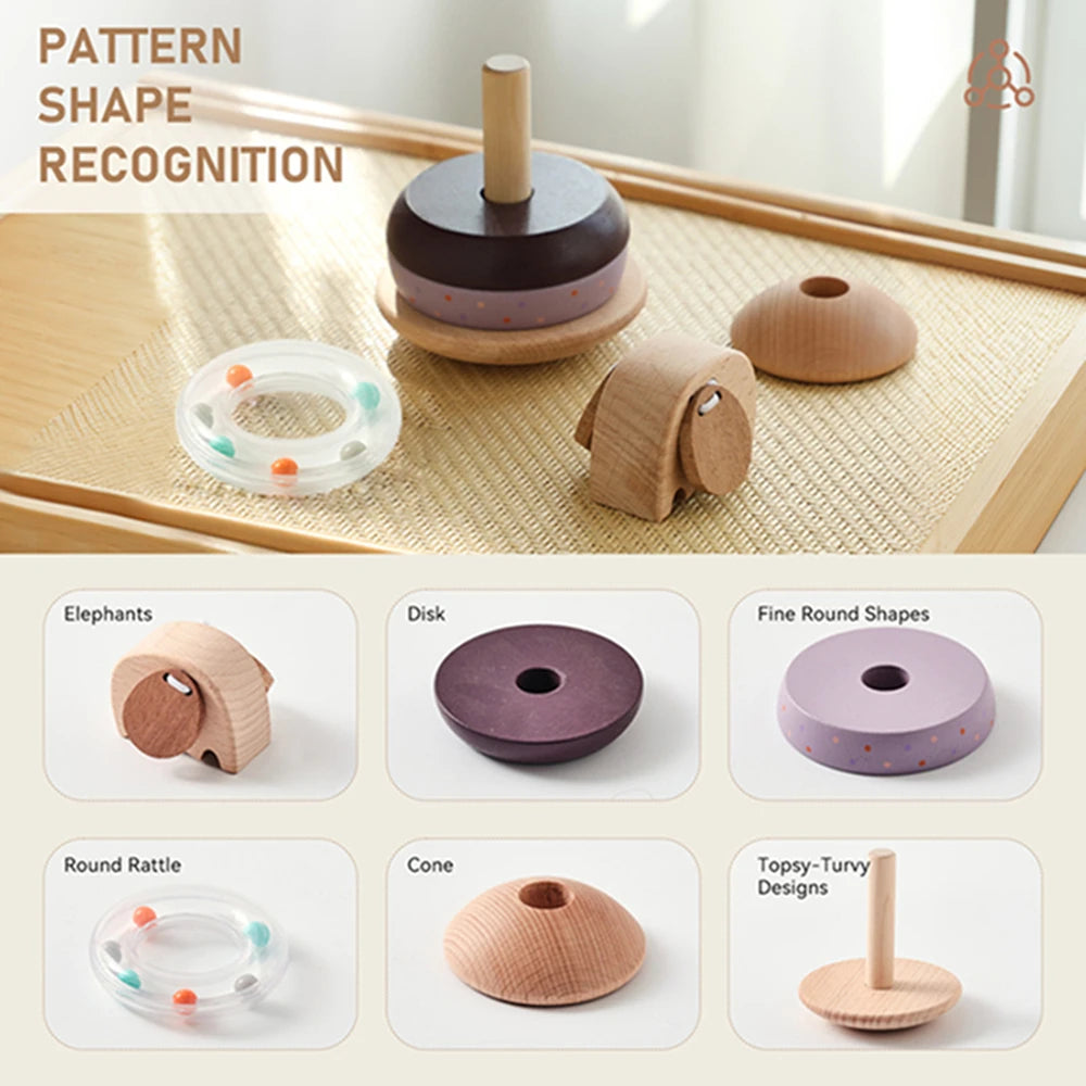 Baby Wooden Montessori Toys Wooden Blocks Stacking Silicone Ring Rattle Toys Animal Cognition Sensory Toys for Children Gift