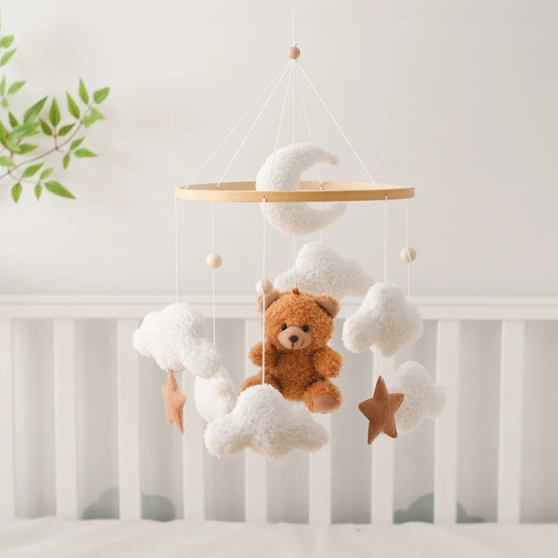 Baby Crib Mobile Rattle Toy Wooden Bed Bell Mobile Hanging Teddy Velvet Bear Doll Toy Newborn Music Box Crib Mobile Bracket Gift