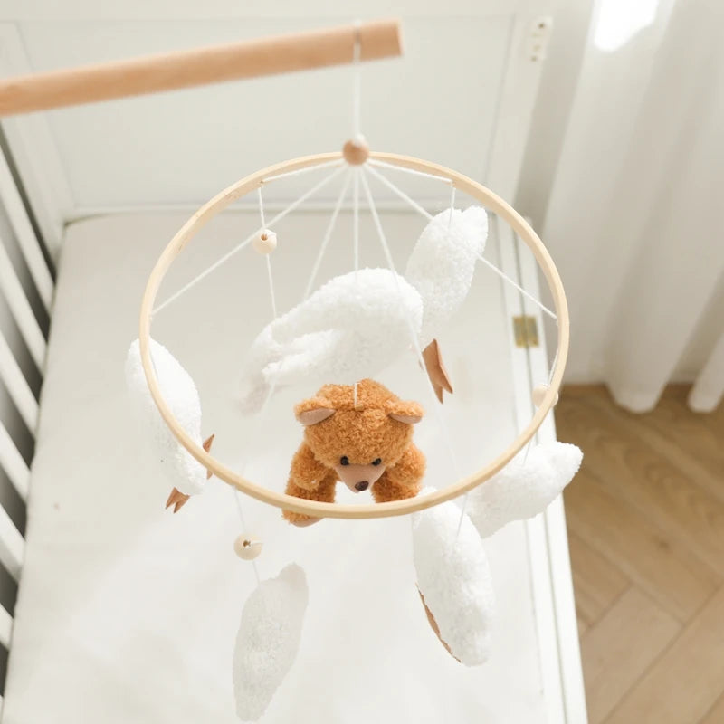 Baby Crib Mobile Rattle Toy Wooden Bed Bell Mobile Hanging Teddy Velvet Bear Doll Toy Newborn Music Box Crib Mobile Bracket Gift