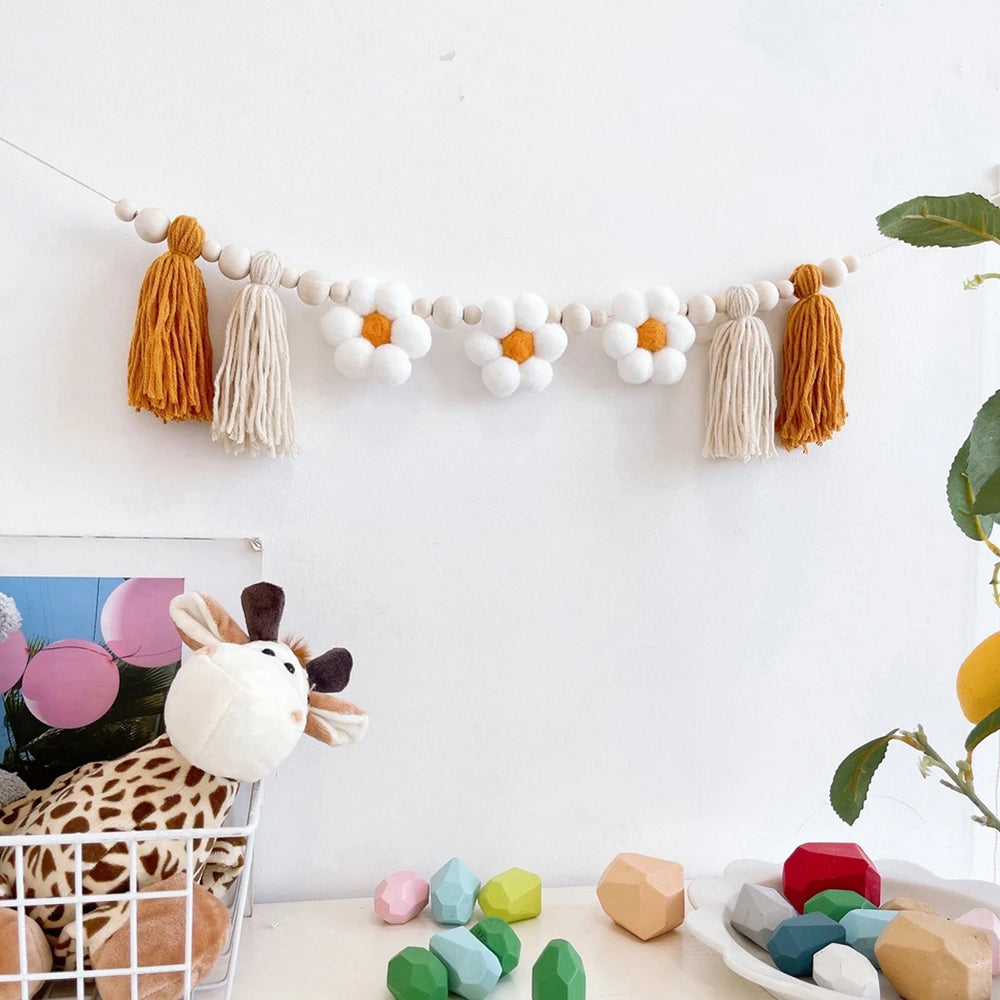 Boho Tassel Garland with Wooden Beads Daisy Birthday Party Banner for Farmhouse Wall Mantel High Chair Photo Prop Home Decor Hekla Home