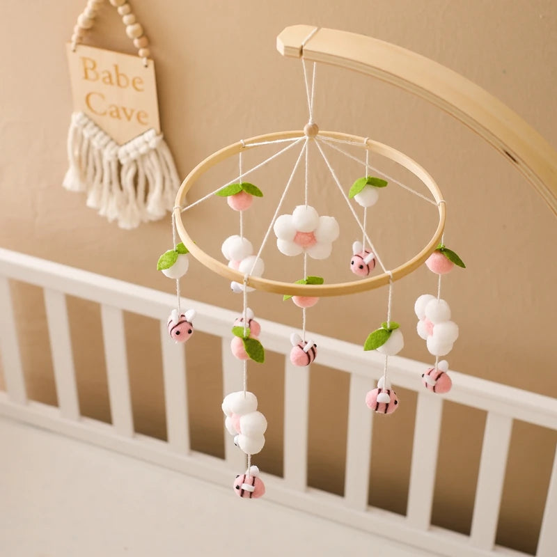 Baby Crib Mobile Rattle Toy Wooden Bed Bell Mobile Hanging Teddy Velvet Bear Doll Toy Newborn Music Box Crib Mobile Bracket Gift