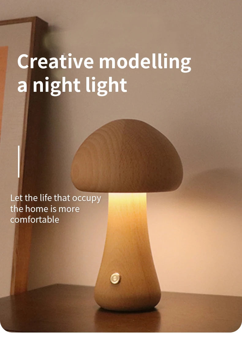 Wooden Mushrooms Night Light Touch Switch Bedroom Bedside Table Lamp Walnut Beech Wood Warm Dimmable Desk Light USB Chargeable