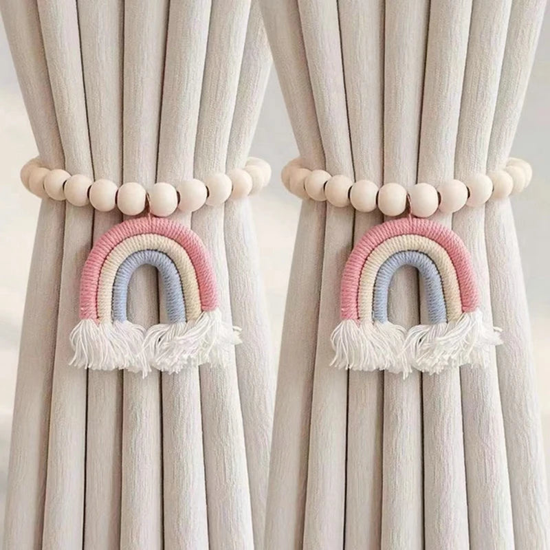 2pc Boho Bead Garlands Curtain Tiebacks Rainbow Tassel Wood Bead Curtain Rope Holdback Farmhouse Curtain Holders For Drape Decor