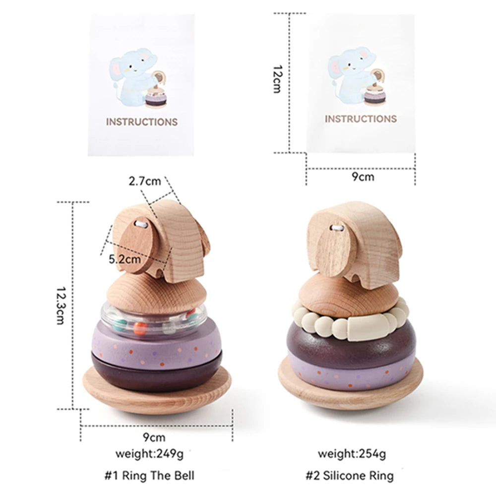 Baby Wooden Montessori Toys Wooden Blocks Stacking Silicone Ring Rattle Toys Animal Cognition Sensory Toys for Children Gift