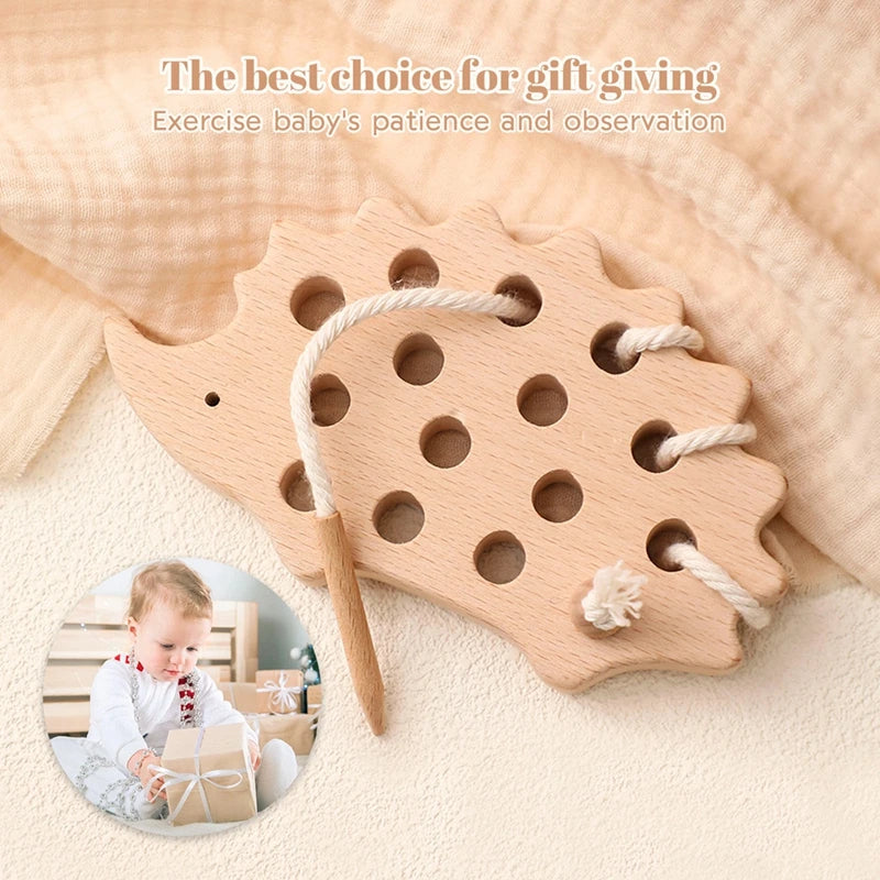 Wooden Hedgehog Threading Board Kids Montessori Toys Beech Wooden Educational Toy Button Beaded Blocks Puzzle Toy Baby Gifts