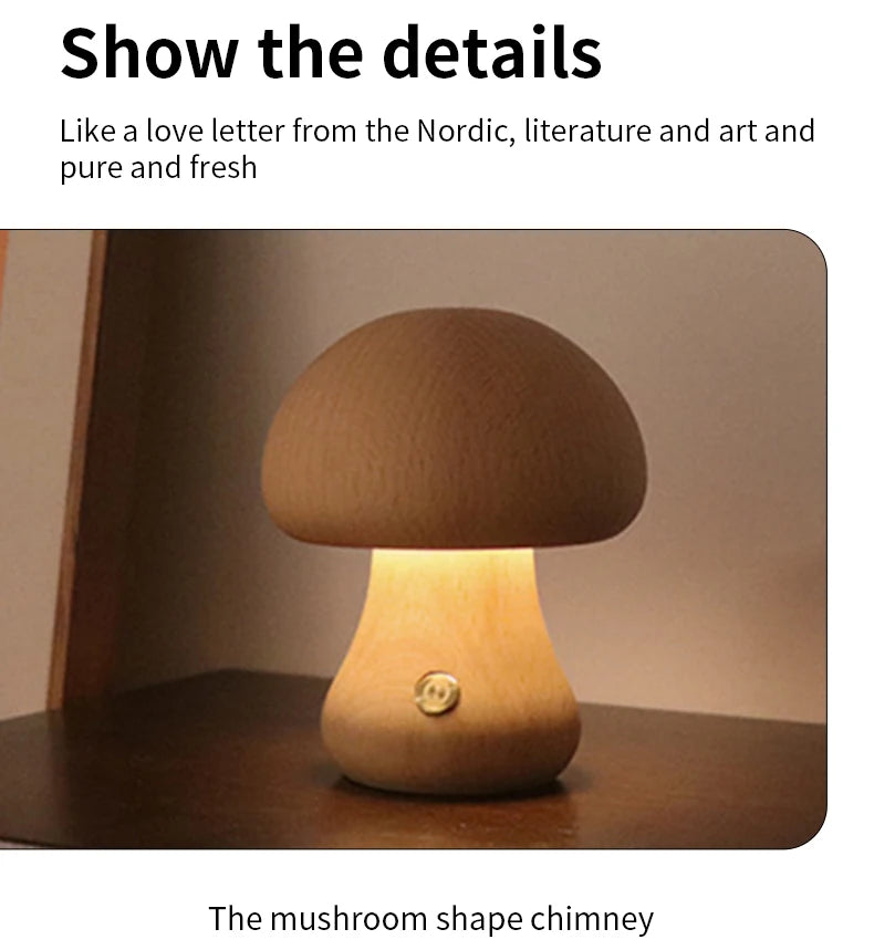 Wooden Mushrooms Night Light Touch Switch Bedroom Bedside Table Lamp Walnut Beech Wood Warm Dimmable Desk Light USB Chargeable