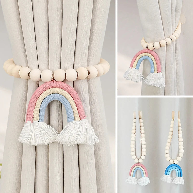 2pc Boho Bead Garlands Curtain Tiebacks Rainbow Tassel Wood Bead Curtain Rope Holdback Farmhouse Curtain Holders For Drape Decor