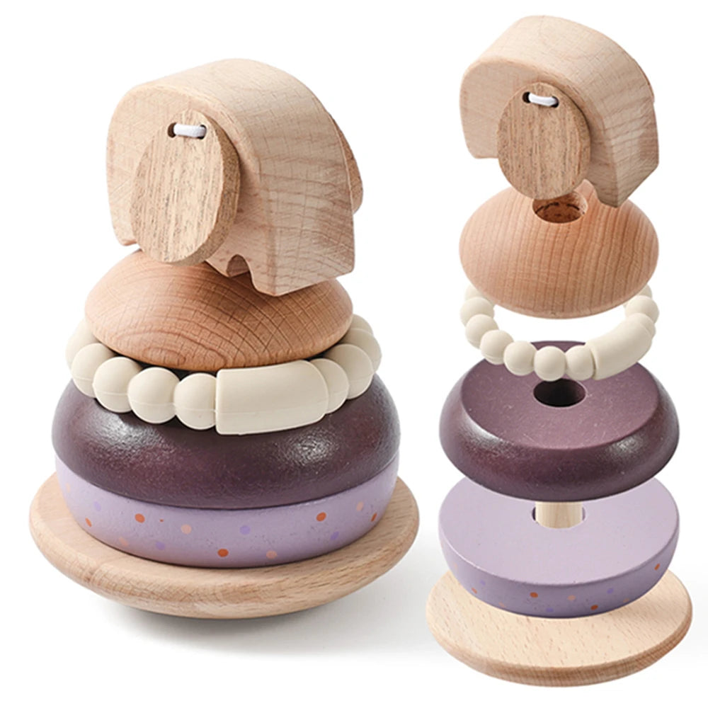 Baby Wooden Montessori Toys Wooden Blocks Stacking Silicone Ring Rattle Toys Animal Cognition Sensory Toys for Children Gift