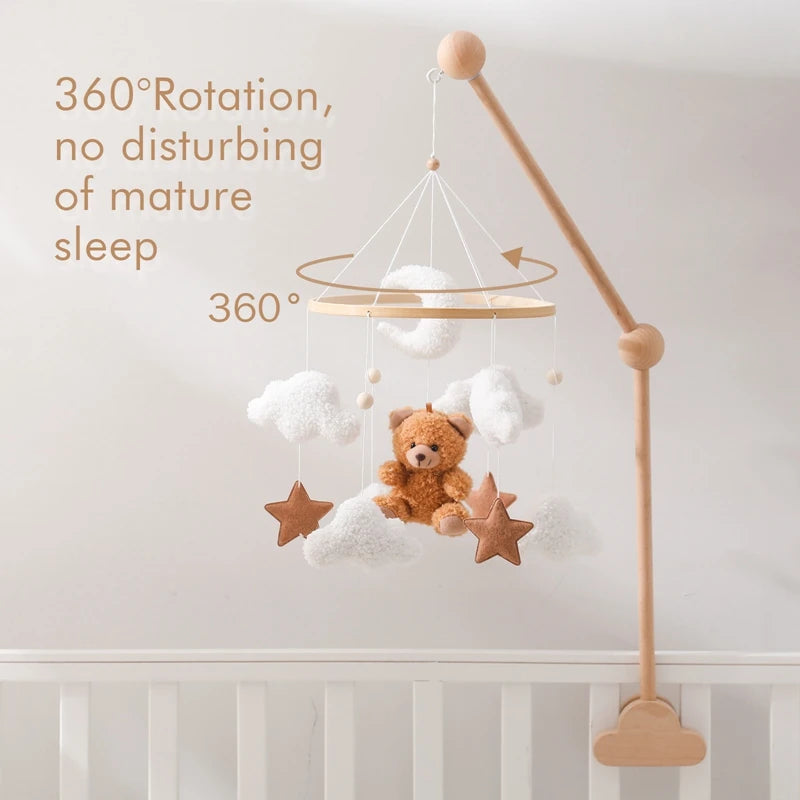 Baby Crib Mobile Rattle Toy Wooden Bed Bell Mobile Hanging Teddy Velvet Bear Doll Toy Newborn Music Box Crib Mobile Bracket Gift