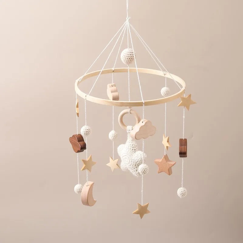 Baby Crib Mobile Rattle Toy Wooden Bed Bell Mobile Hanging Teddy Velvet Bear Doll Toy Newborn Music Box Crib Mobile Bracket Gift