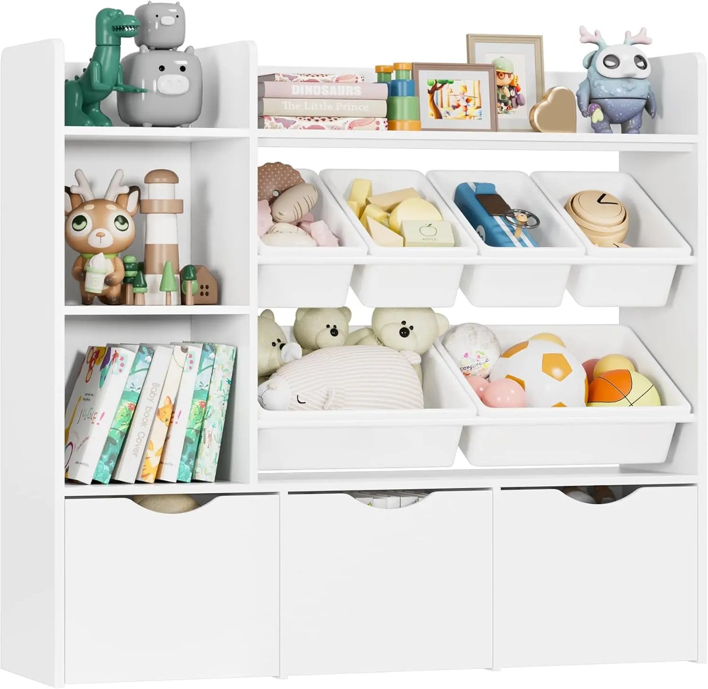 Toy Storage Organizer with 3 Movable Drawers, Bookshelf and Bookcase with 6 Plastic Bins & 2 Storage Cubbies