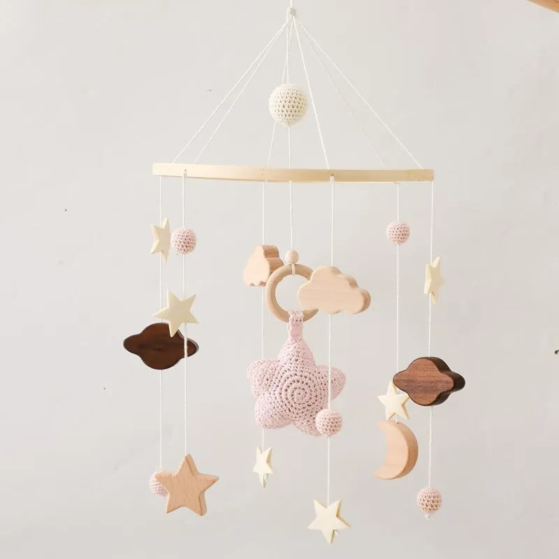 Baby Crib Mobile Rattle Toy Wooden Bed Bell Mobile Hanging Teddy Velvet Bear Doll Toy Newborn Music Box Crib Mobile Bracket Gift