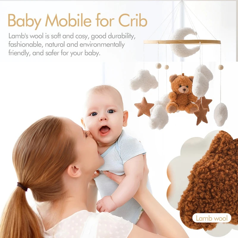 Baby Crib Mobile Rattle Toy Wooden Bed Bell Mobile Hanging Teddy Velvet Bear Doll Toy Newborn Music Box Crib Mobile Bracket Gift