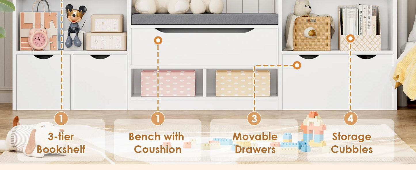 72” Kids Bookshelf with Reading Nook, Super Large Toy Storage Organizer with Seat Cushion and 3 Movable Drawers, Kids Re