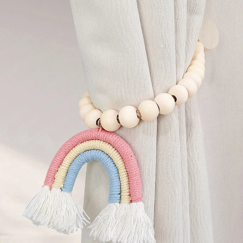 2pc Boho Bead Garlands Curtain Tiebacks Rainbow Tassel Wood Bead Curtain Rope Holdback Farmhouse Curtain Holders For Drape Decor