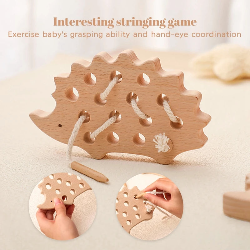 Wooden Hedgehog Threading Board Kids Montessori Toys Beech Wooden Educational Toy Button Beaded Blocks Puzzle Toy Baby Gifts