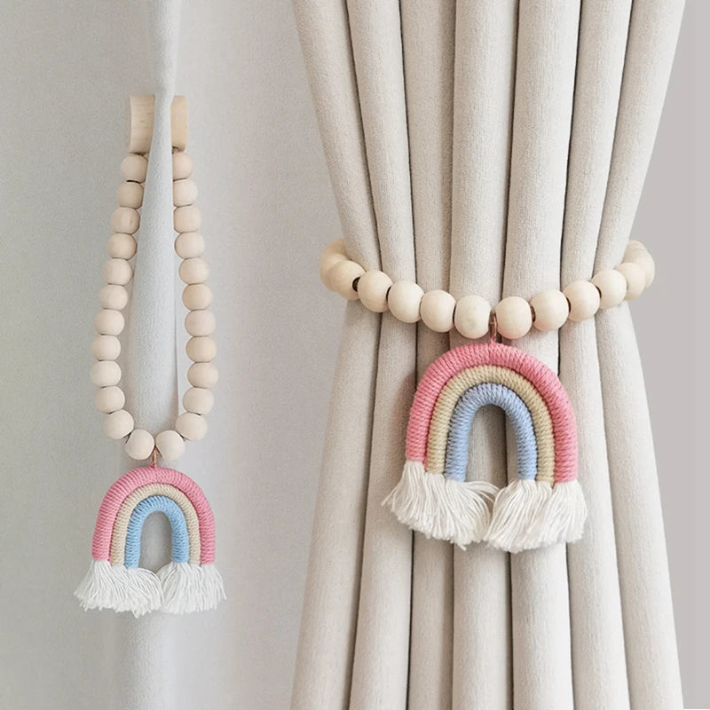 2pc Boho Bead Garlands Curtain Tiebacks Rainbow Tassel Wood Bead Curtain Rope Holdback Farmhouse Curtain Holders For Drape Decor