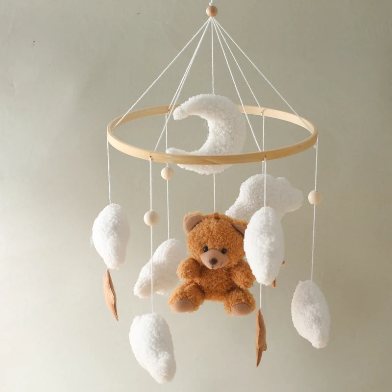 Baby Crib Mobile Rattle Toy Wooden Bed Bell Mobile Hanging Teddy Velvet Bear Doll Toy Newborn Music Box Crib Mobile Bracket Gift