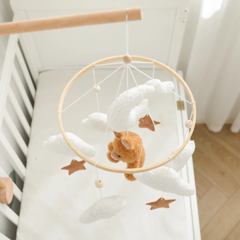 Baby Crib Mobile Rattle Toy Wooden Bed Bell Mobile Hanging Teddy Velvet Bear Doll Toy Newborn Music Box Crib Mobile Bracket Gift