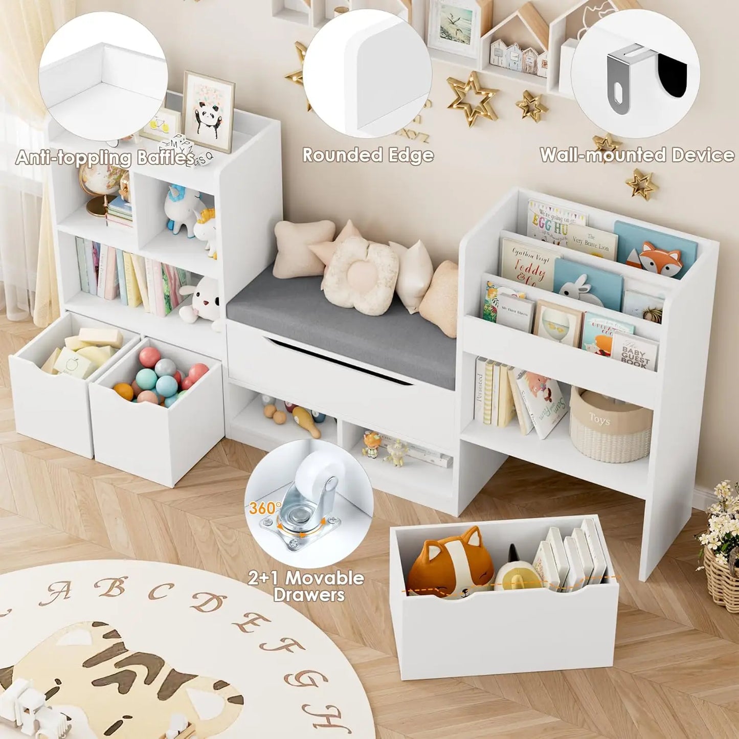 72” Kids Bookshelf with Reading Nook, Super Large Toy Storage Organizer with Seat Cushion and 3 Movable Drawers, Kids Re