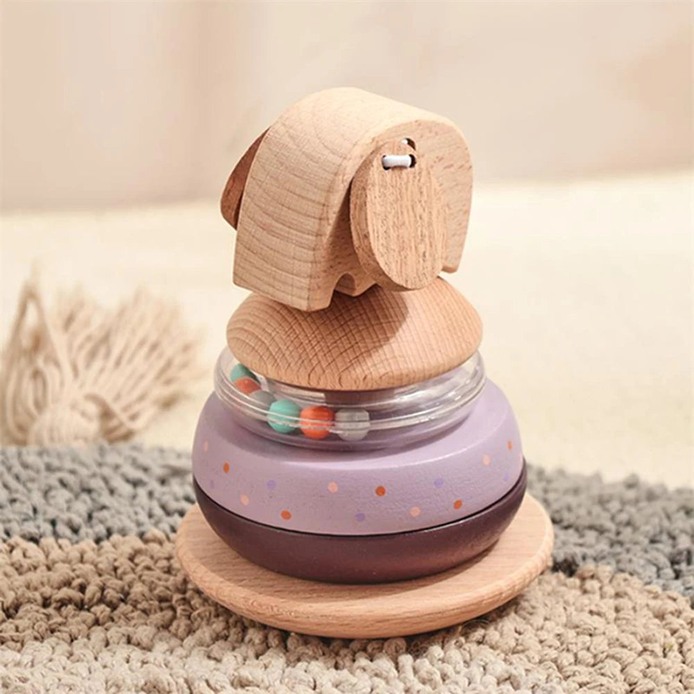 Baby Wooden Montessori Toys Wooden Blocks Stacking Silicone Ring Rattle Toys Animal Cognition Sensory Toys for Children Gift