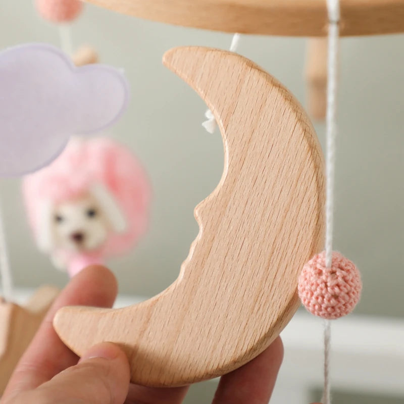 Baby Crib Mobile Rattle Toy Wooden Bed Bell Mobile Hanging Teddy Velvet Bear Doll Toy Newborn Music Box Crib Mobile Bracket Gift