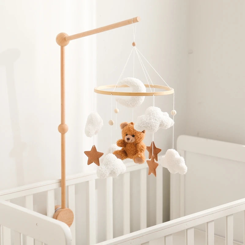 Baby Crib Mobile Rattle Toy Wooden Bed Bell Mobile Hanging Teddy Velvet Bear Doll Toy Newborn Music Box Crib Mobile Bracket Gift