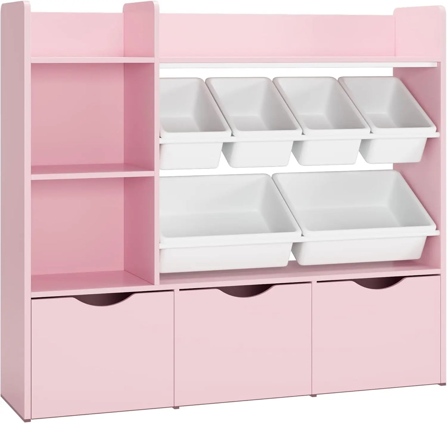 Toy Storage Organizer with 3 Movable Drawers, Bookshelf and Bookcase with 6 Plastic Bins & 2 Storage Cubbies